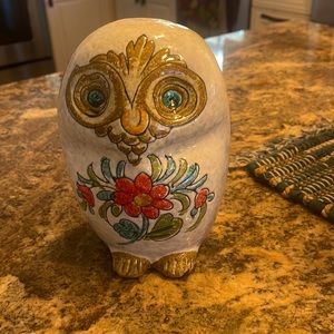 Hand-painted Art Pottery Owl Bank. Marked “Italy”